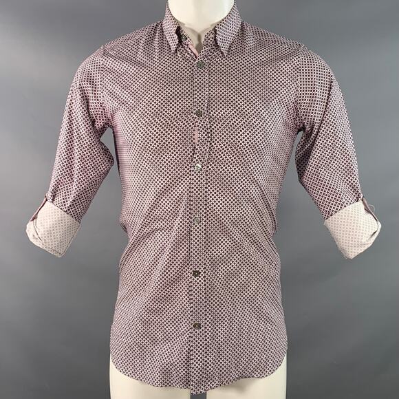 XS Nugate Burgundy White Abstract Floral Cotton Roll Tab Long Sleeve Shirt - Picture 2 of 7